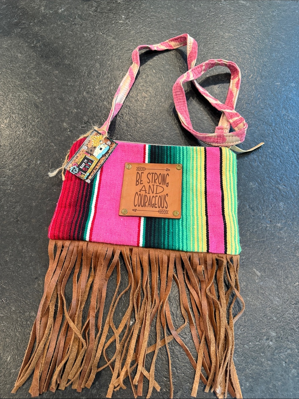 Multicolor Fringe Crossbody Bag with Inspirational Patch